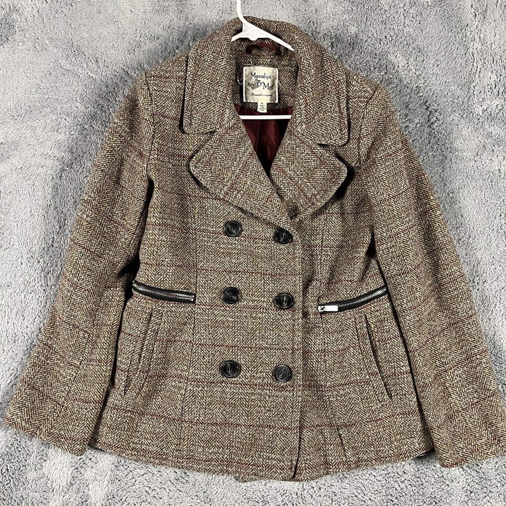 Maralyn & Me Tweed Pea Coat Womens Medium Brown Plaid Wool Blend Double Breasted